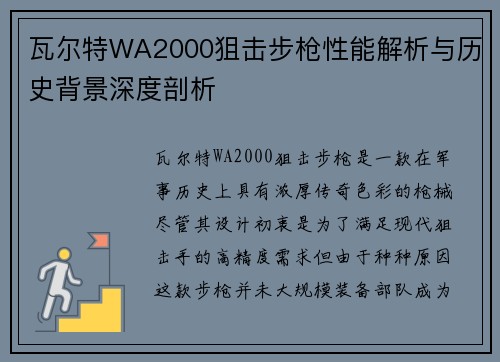 瓦尔特WA2000狙击步枪性能解析与历史背景深度剖析