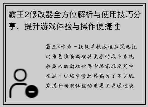 霸王2修改器全方位解析与使用技巧分享，提升游戏体验与操作便捷性